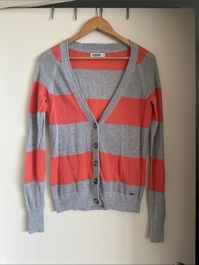 Garage Coral and Gray Striped Button-Up Cardigan
